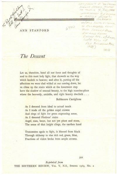 Small Archive Related to Ann Stanford: Offprint of "The Descent" inscribed by author to children's author Ruth L. Holberg. With ALS to Holberg and a copy of Poetry Society of America Bulletin, May 1969