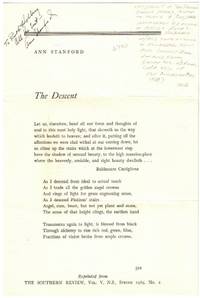 Small Archive Related to Ann Stanford: Offprint of "The Descent" inscribed by author to children's author Ruth L. Holberg. With ALS to Holberg and a copy of Poetry Society of America Bulletin, May 1969