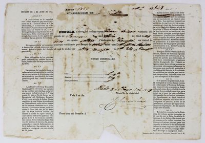 [Cedula, or Identification Document, for a Chinese Indentured Servant in Cuba during the 1850s]