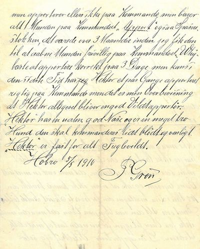 Datert Hobro 5/5 1910. Signert P. Grøn.