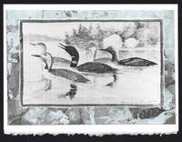 cover of Five Loons detail on a one-of-a-kind hand marbled paper composition presented on a blank note card.