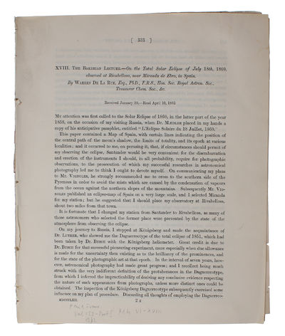 The Bakerian Lecture. - On Some Total Solar Eclipse of July 18th, 1860, observed at Rivabellosa, near Miranda de Ebro, in Spain. Received January 30,- Read April 10, 1862. (photo 2)