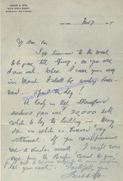 Muckraker Jacob Riis Discusses Raising Money For A Building: A Lady InStamford Advanced You $20,000 Bill Which To Buy The Building In Henry St. In Which Is Housed My Settlement