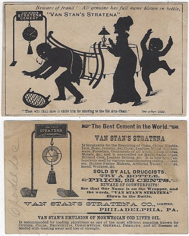 VICTORIAN TRADE CARD VAN STAN'S STRATENA CEMENT WITH FATHER STUCK TO THE OLD ARM CHAIR AND MOTHER AND CHILD LAUGHING