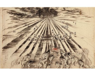 Two finely illustrated handscrolls on paper depicting the great Zenkōji Temple earthquake of 8 May 1847 & its aftermath