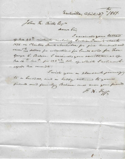 Autograph Letter Signed. Nashville, April 27, 1851, to John Bills, Bolivar, Tennessee