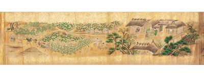 Two fine & luxuriously painted scrolls (260 x 4900 mm.; 260 x 4930 mm.) on mica paper, gold-flaked on verso, with gold endpapers at each end of both scrolls, endpapers backed with orig. silk brocade at beginning of each scroll