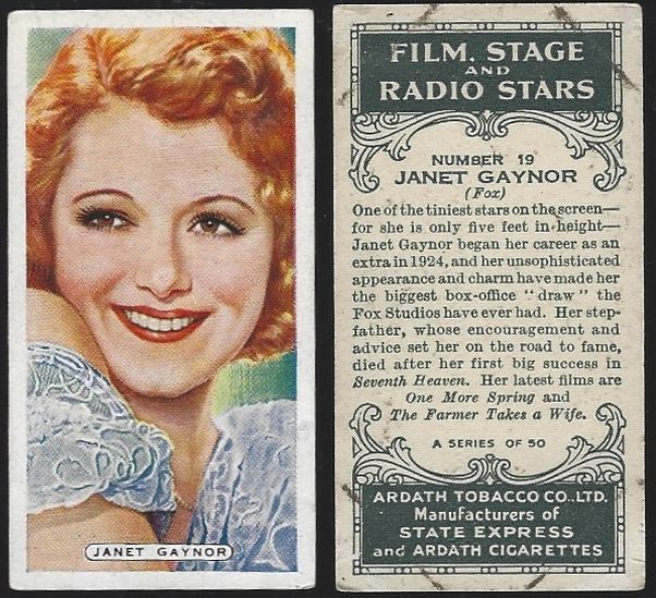 ardath cigarette cards VINTAGE ARDATH CIGARETTE CARD WITH JANET GAYNOR