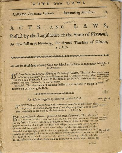 ACTS AND LAWS, PASSED BY THE LEGISLATURE OF THE STATE OF VERMONT, AT THEIR SESSION AT NEWBURY, THE SECOND THURSDAY OF OCTOBER, 1787
