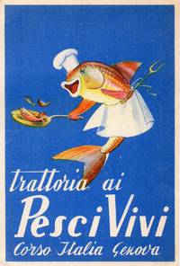 Original Illustrated Fish Restaurant Genoa Italy Postcard by Trattoria Ai Pesci Vivi, Corso Italia, Genova - circa 1960