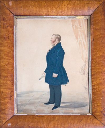 Watercolor Full Length Profile Portrait of Gentleman in blue waistcoat holding rolled paper, with curtain on right