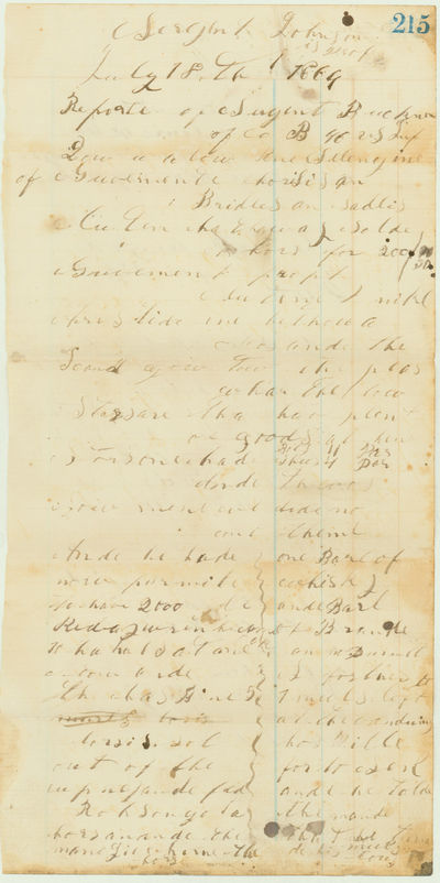 Ledger Report by Colored Sergeant, U.S.C.T., “Selling Government horse & bridle...” &c.
