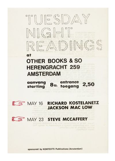 A4 event flyer: Tuesday Night Readings at Other Books & So, Herengracht 259, Amsterdam (16 & 23 May [1978])