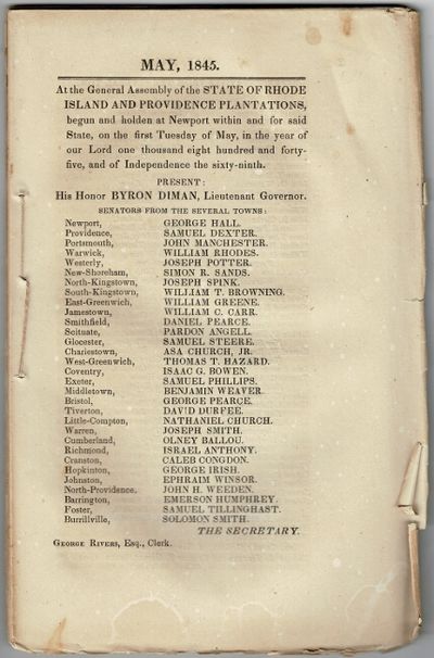 May, 1845. At the General Assembly of the State of Rhode Island and Providence Plantations, begun and holden at Newport within and for said state, on the first Tuesday of May, in the year of our Lord one thousand eight hundred and forty-five, and of independence the sixty-ninth