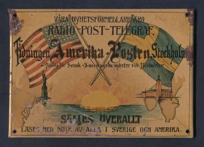 [Reklamskylt i plåt för tidningen Amerikaposten]