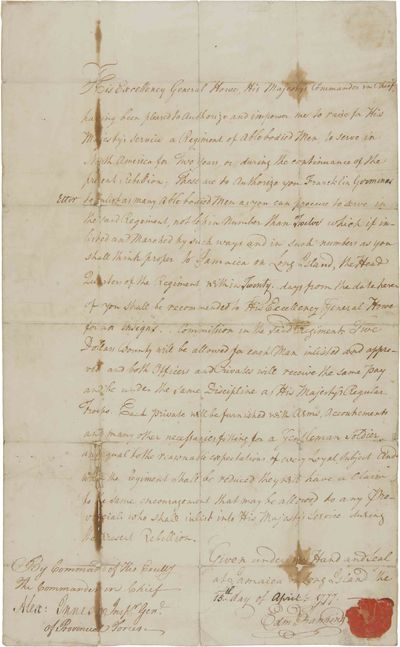 [MANUSCRIPT WARRANT, SIGNED AND ISSUED BY COLONEL EDMUND FANNING AS COMMANDER OF THE KING'S AMERICAN REGIMENT, AUTHORIZING FRANKLIN GERMINUS ETTER TO RECRUIT TROOPS TO THE NEWLY-FORMED LOYALIST REGIMENT].