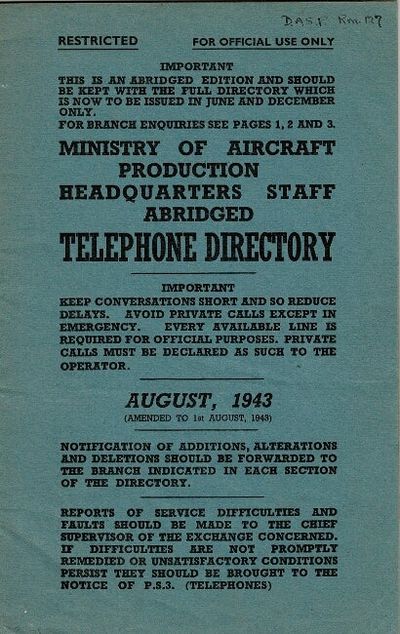 Ministry of Aircraft Production headquarters staff abridged telephone directory ... August 1943 [cover title]