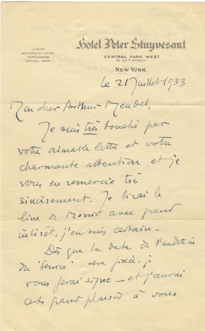 Autograph letter signed in full to noted musicologist, conductor, and music editor, Arthur Mendel