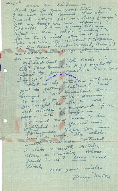 Author Henry Miller Writes About Foreign Language Publications - I Want Very Much To Be Published In Spanish And Portuguese