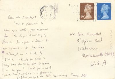 Autograph letter signed. To contemporary American composer Dean Rosenthal (b. 1974)
