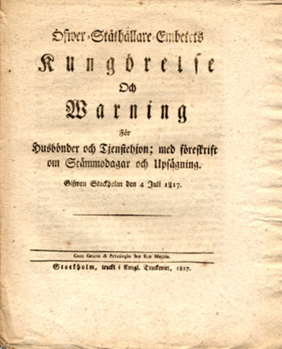 Öfwer-ståthållare-embetets kungörelse och warning…
