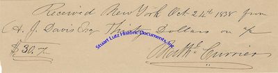 A Rare Nathaniel Currier Handwritten And Signed Receipt To A Famous American Architect That Currier Produced Lithographs For