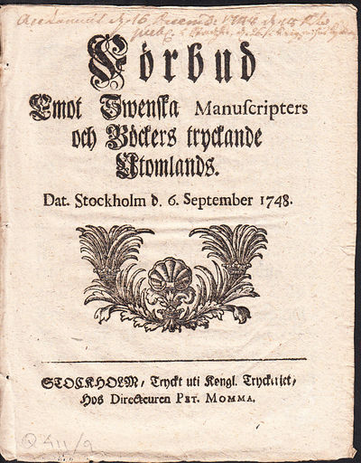 Förbud Emot Swenska Manuscripters och Böckers…