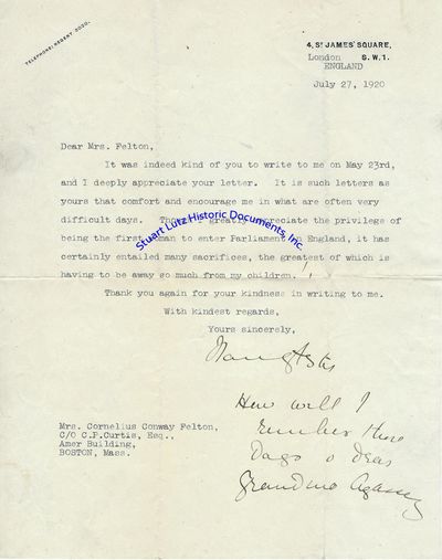 Lady Astor, Shortly After Being Elected To Parliament For The First Time, Writes Though I Greatly Appreciate The Privilege Of Being The First Woman To Enter Parliament In England, It Has Certainly Entailed Many Sacrifices, The Greatest Of Which Is Having To Be Away So Much From My Children!