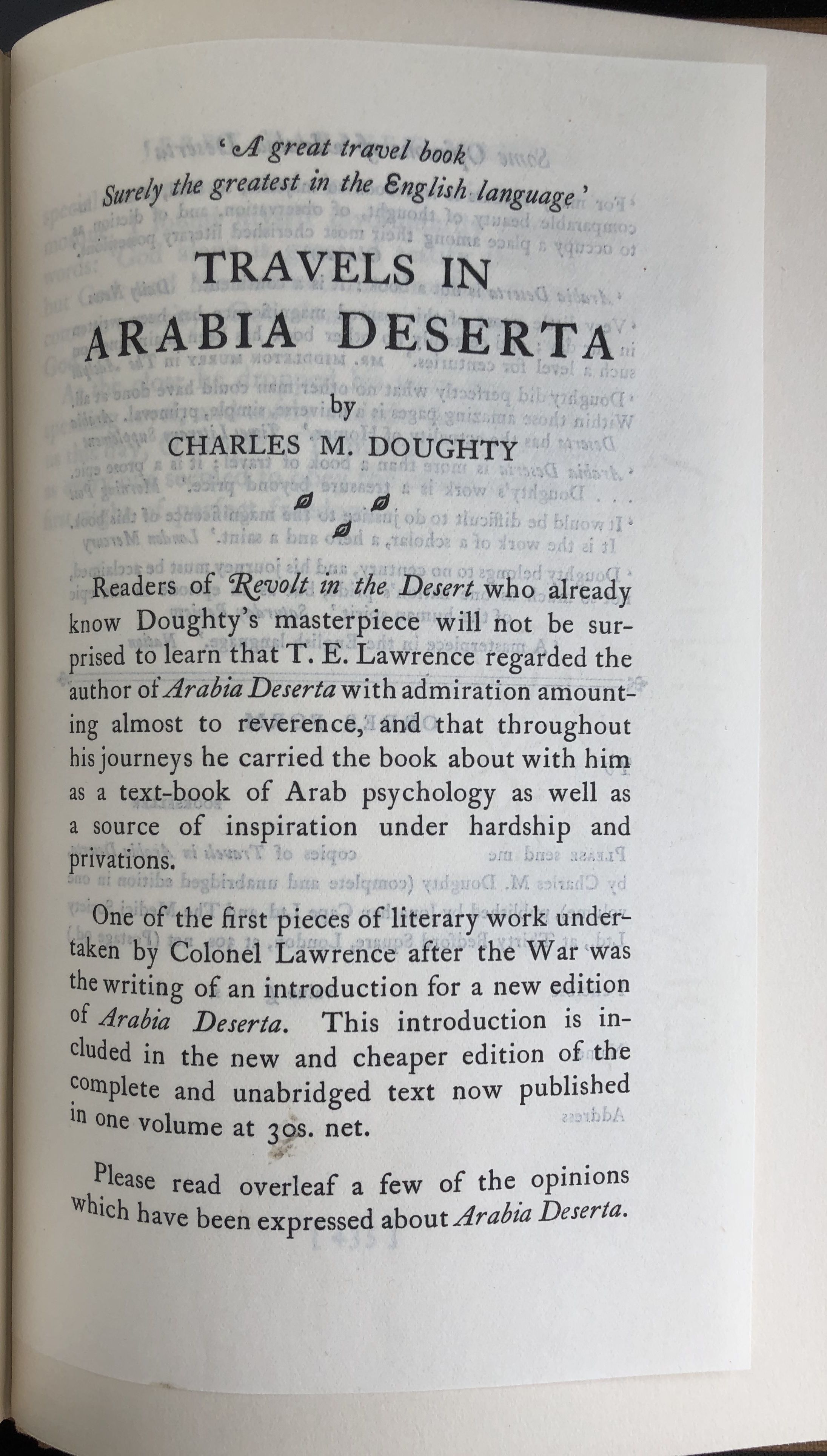 Revolt In The Desert With The Exceptionally Scarce Travels In Arabia Deserta By Charles M Doughty Flyer Tipped In As Called For By T E Lawrence First Uk Edition 1927