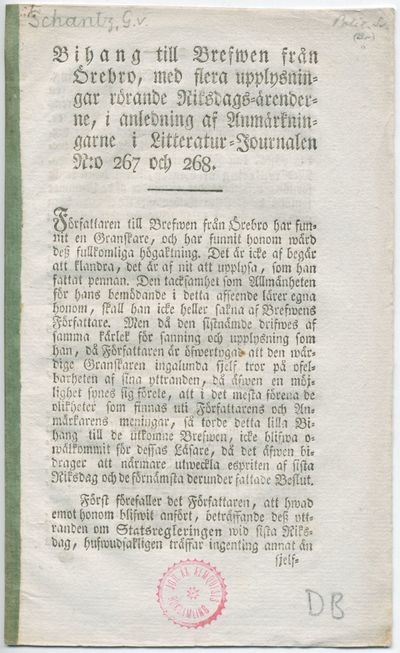 Bihang till brefwen från Örebro, med flera…