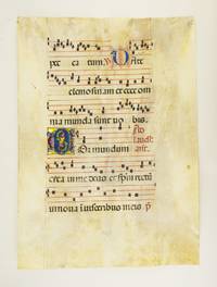 FROM AN EXTREMELY LARGE ANTIPHONER IN LATIN by VELLUM MANUSCRIPT LEAVES, OFFERED INDIVIDUALLY, SOME WITH GORGEOUS ILLUMINATION - ca. 1470