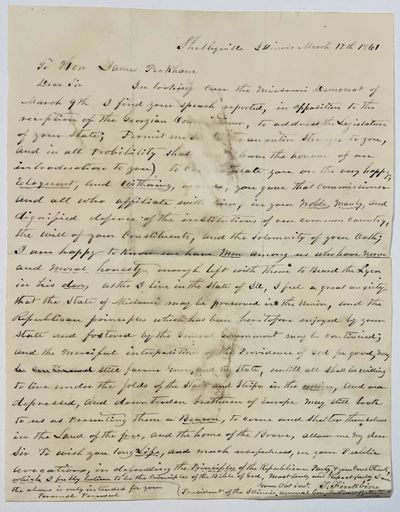 Shelbyville, Illinois, 1861. Single leaf, written in ink manuscript on recto only. Old folds. Water ...