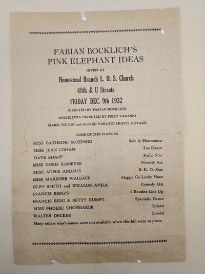Fabian Bocklich's Pink Elephant Ideas Given At Homestead Branch L.D.S. Church. 48th & U Streets. Friday Dec. 9th, 1932 [Sacramento, California]