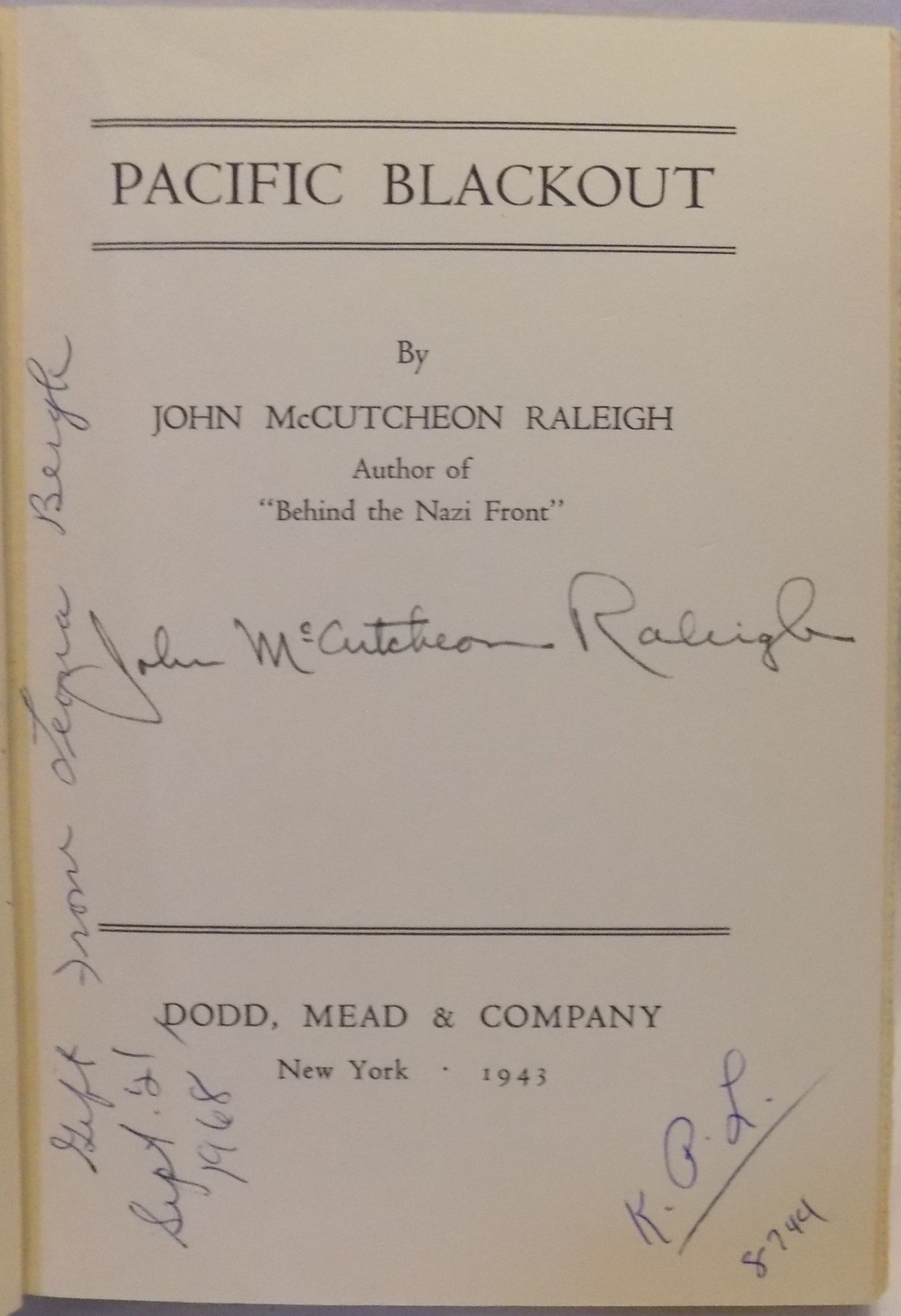 Pacific Blackout By Raleigh John Mccutcheon Hardcover 1943 Dodd