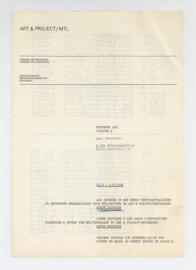 Comme Septieme d’une Serie d’Expositions Organisee a Anvers Par MTL/Bruxelles et Art & Project/Amsterdam (12 March-6 April 1974)
