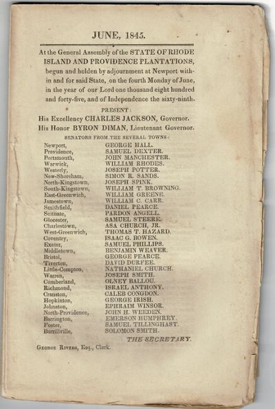 June, 1845. At the General Assembly of the State of Rhode Island and Providence Plantations, begun and holden by adjournment at Newport within and for said state, on the fourth Monday of June, in the year of our Lord one thousand eight hundred and forty-five, and of independence the sixty-ninth