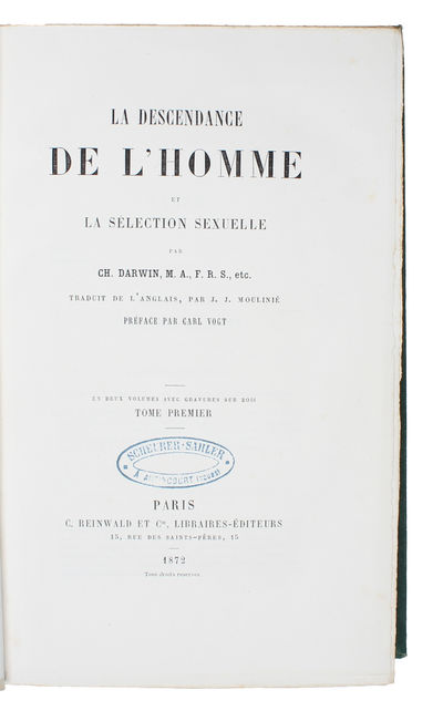 La Descendance de l'Homme et la Sélection Sexuelle.  [i.e. English: "Descent of Man", Translated by J. J. Moulinié ]. 2 vols. - [FIRST FRENCH TRANSLATION OF DARWIN'S 'DESCENT OF MAN'] (photo 3)
