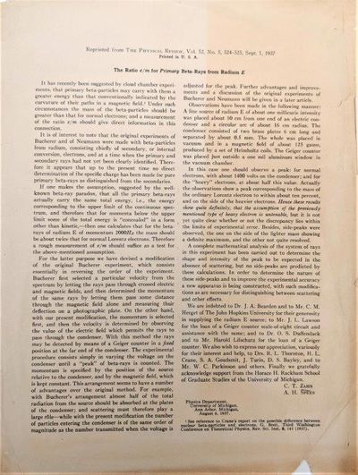 The Ratio e/m for Primary Beta-Rays from Radium E. [Offprint].