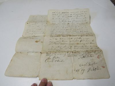 Four-page legal document stating that Ebenezer Webster of Londonderry New Hampshire is indenturing his son William to Nathaniel Parker to learn the tanning and currying trade. Nov. 18, 1819