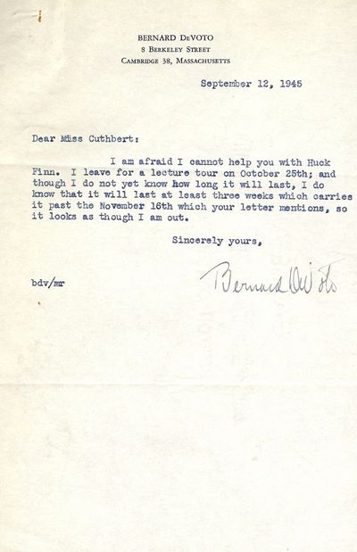 1945. DE VOTO, Bernard. Typed Letter Signed. One page on personalized stationery, dated September 12...