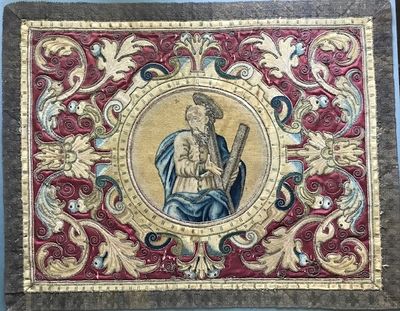 Sixteenth century Italian embroidered silk and metallic thread "apparel" for a priest's tunic