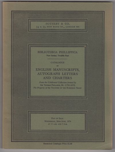 London: Sotheby & Co., 1974. First edition. Paper wrappers. Very good, wrappers worn, sunned along e...