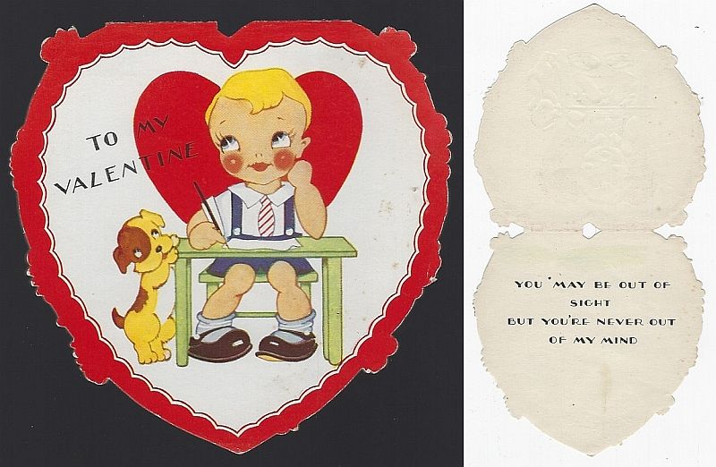 Valentine - Vintage Heart Shaped Valentine Card with School Boy and Dog