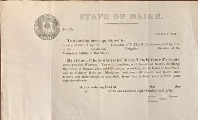 State of Maine Volunteer Militia inscription certificate for a Sergeant in a Company of Riflemen