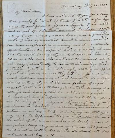 Autograph Letter Signed as President, Pennsylvania Board of Canal Commissioners, Harrisburg, February 19, 1839, to his son, James C. Clarke, student, Jefferson College, Canonsburg, Pennsylvania