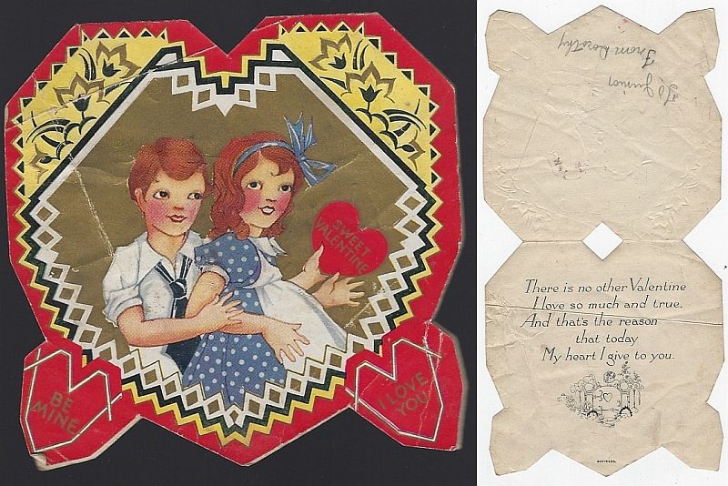Valentine - Vintage Heart Shaped Valentine Card with Boy and Girl and Hearts