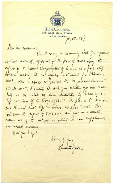 Henrietta Szold asks a doctor to become a life member of Zionist Organization of America