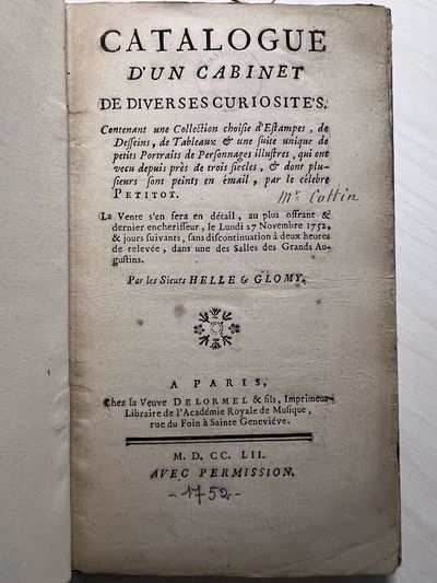 Catalogue d’un Cabinet de diverses Curiosités… (27 November 1752 and following days)