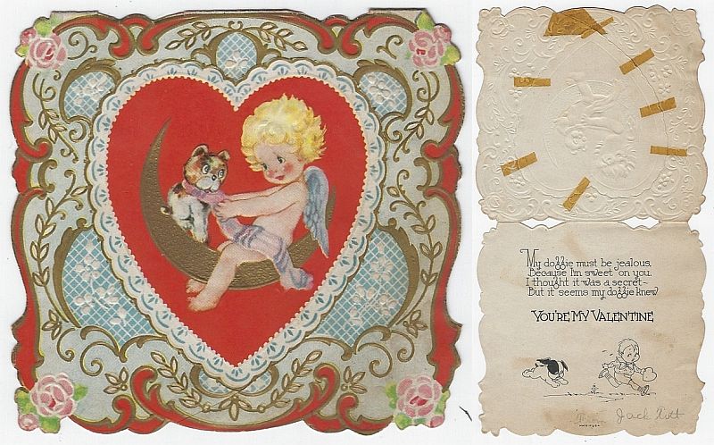 Valentine - Vintage Valentine Card with Little Girl Sitting on Moon with Her Dog