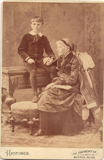 Cabinet photograph. Hastings, Boston. Stowe was photographed with her grandson. Rules of reproducing the photograph stamped on verso with cropping notation in pencil. Condition: Overall very good condition with slight wear to corners and some soiling on verso. www.schulsonautographs.com
